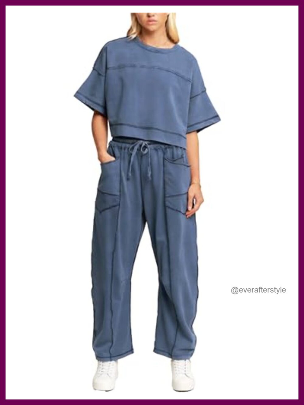 Women's Two Piece Lounge Set Short Sleeve Box Top Wide Leg Barrel Pants Casual